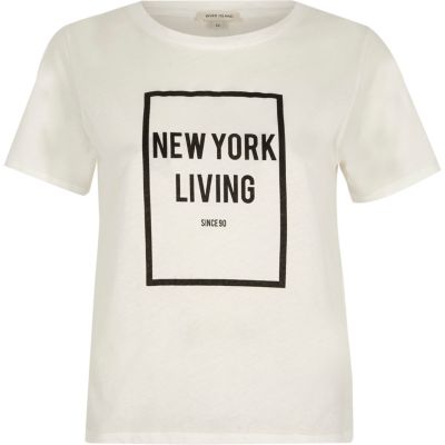 White &#39;New York living&#39; flock print T-shirt